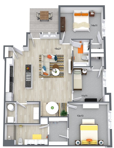 Floor plan for 3 beds, 2 baths, 1389 sqft
